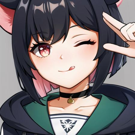 <lora:Genshin Icon:0.8>, genshin, looking at viewer, smile, simple background, one eye closed, tongue, tongue out, close-up, salute, two-finger salute, (masterpiece, best quality:1), 1girl, solo, <lora:kazusaBlueArchive_v1c:0.7>, kazusa, 1girl, animal ears, colored inner hair, halo, short hair, black choker, black jacket, green sailor collar, hooded jacket, hairclip, pink neckerchief, school uniform, sneakers