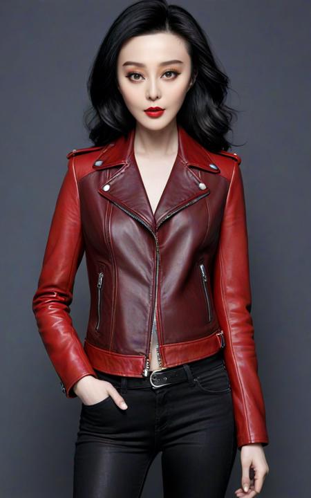 High Fashion, red lips,side_light,sweet,(Leather_biker_jacket:1.4),(Skinny_black_jeans:1.3),(Ankle_boots_with_buckles:1.2),stage lights,
<lora:fbb_XL_3_-000005:1>,fbb,chinese actress fan bingbing,play in beijing fashion show,, (masterpiece,best quality,ultra high res:1.2),(photo-realistic:1.3),(beautiful face,exquisite face,skin texture:1.2),, dynamic, dramatic, haute couture, elegant, ornate clothing, High Fashion