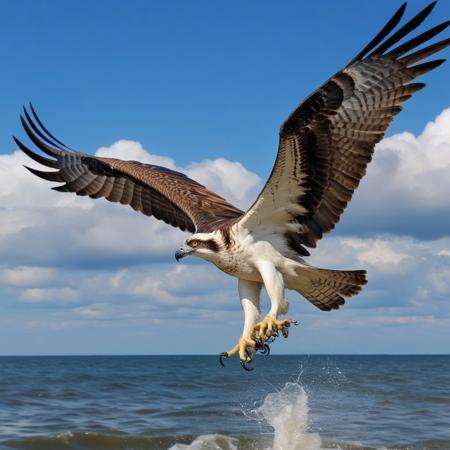 close-up osprey eagle in flight rushing into the sea, blue sky background with cumulo-nimbus cloud, photography very realist