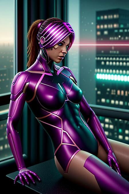 a cyberpunk girl with (cyberware on her body) BREAK
wearing a (holo red netrunner suit and visor) BREAK
casually leaning back on a chair BREAK
in a cyberpunk apartment with a large window to a skyline of a city at night BREAK
sharp focus, intrincate details, lens flare, spot lights, very detailed skin, skin pores