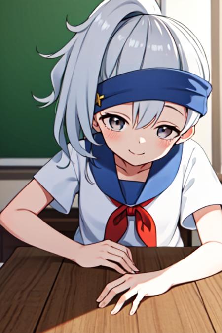 masterpiece, best quality, <lora:kunoichi_kikyou:0.7> 1girl, solo, grey eyes, grey hair, ponytail, white serafuku, sailor collar, red neckerchief, indoors, classroom, blue headband, jingle bell, smile,