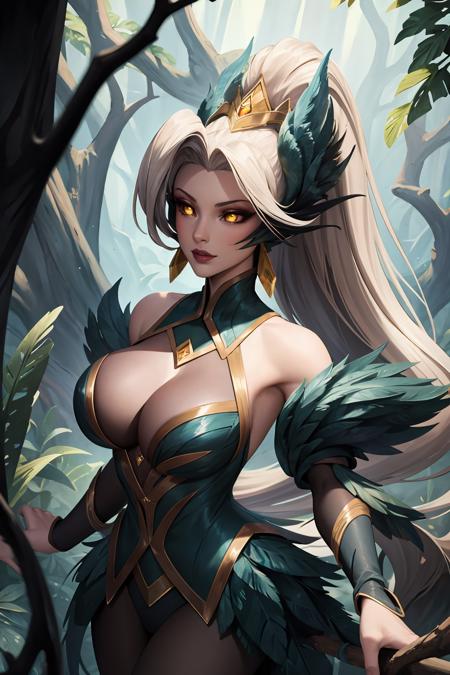 coven zyra, 1girl, dress, ponytail,earrings, bare shoulders, hair ornament, cleavage, feathers, yellow eyes