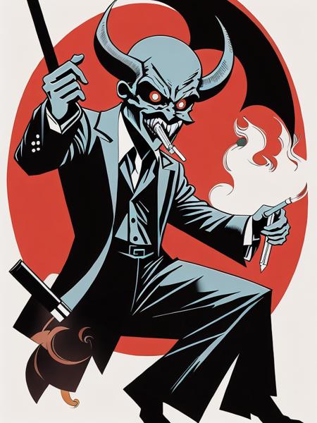 <lora:MikeMignola:1>an illustration of a demon holding a cigarette in his hand and smoking a cigarette in his other hand by Mike Mignola