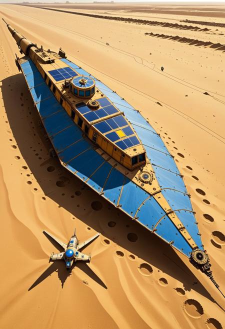 masterpiece, best quality, RvR_Comic_Style, abandoned solar-sail freighter half-buried in ochre sand, exposed clockwork gears rendered with bilal steel-blue shadows, wandering repair drone, low golden sun casting long inked silhouettes, dusty atmosphere, subtle cel-anime glow