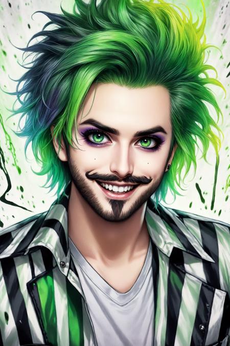 Beetlejuice Slime Tutorial,  1boy,  beard,  collared shirt,  facial hair,  green hair,  looking at viewer,  male focus,  mustache,  portrait,  realistic,  shirt,  short hair,  smile,  solo,  striped,  striped shirt,  visual kei,  punk rock,  green hair,  rainbow outift,  extremely detailed,  masterpiece,  official art,  rock star pose,  semi realistic,  horror,  broadway lighting,  specular highlights,  highly detailed,  tonemapping,  detailed skin,  detailed eyes,  poltergeist vibes,  horror show,  tonemapping,  detailed skin,  detailed eyes, <lora:EMS-61574-EMS:0.400000>