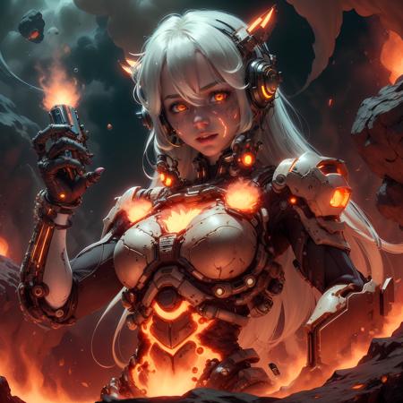 <lora:ExoMagmaTech-20:0.8>, exomagmatech , scifi,  lava skin , translucent  , 
 scholar , scroll, 1girl,long hair, white hair, glowing eyes, yellow eyes,upper body,