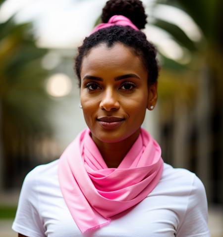 photo,8k,sharp focus,beautiful woman,close up,t-shirt, with a pink shirt and a pink scarf