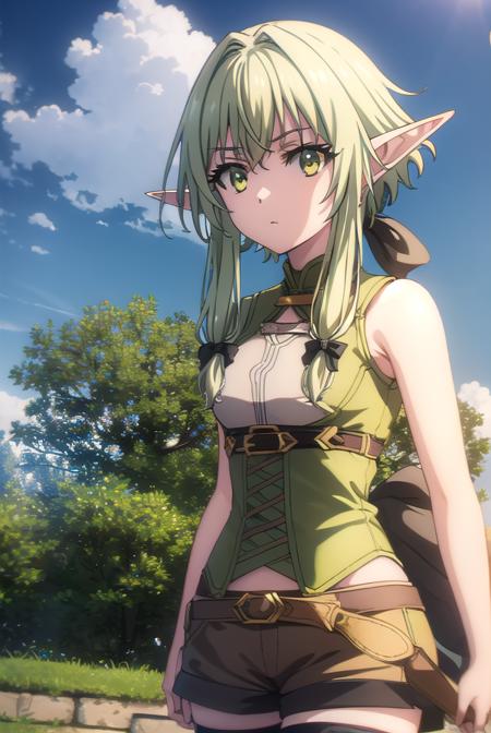 high elf archer, long hair, (green eyes:1.5), bow, hair bow, black bow, sidelocks, green hair, pointy ears, elf, thighhighs, boots, shorts, sleeveless, bare arms, thigh boots, brown footwear, brown shorts,