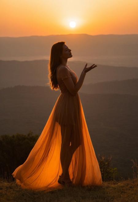 sunset, silhouette, woman in see through gossamer dress, heart shape, hand gesture, warm colors, outdoor, dusk, sky, creative pose, backlit, soft focus, landscape, golden hour, tranquility, leisure activity, nature, serene, orange tones, casual attire