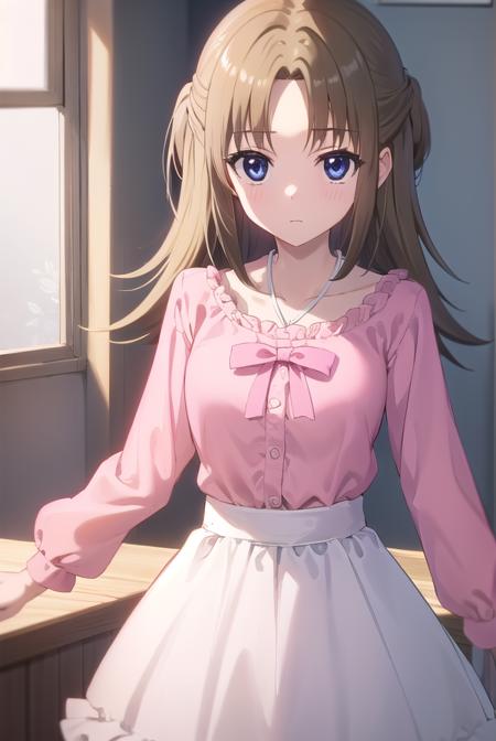 ringosugisaki, <lora:ringo sugisaki s2-lora-nochekaiser:1>,
ringo sugisaki, long hair, blue eyes, brown hair, half updo, (parted bangs:1.5),
BREAK long sleeves, dress, bow, bowtie, frills, skirt, (pink dress:1.3), white skirt, collarbone,
BREAK indoors, classroom,
BREAK looking at viewer, (cowboy shot:1.5),
BREAK <lyco:GoodHands-beta2:1>, (masterpiece:1.2), best quality, high resolution, unity 8k wallpaper, (illustration:0.8), (beautiful detailed eyes:1.6), extremely detailed face, perfect lighting, extremely detailed CG, (perfect hands, perfect anatomy),