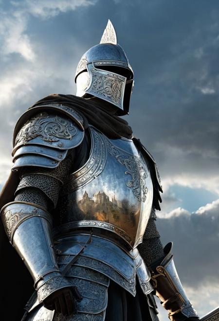 realistic, extremely high quality RAW photograph, intricate, Exquisite details and textures, highly detailed, ultra detailed photograph, 4k, high resolution, The image shows a central figure who appears to be a knight in ornate armor, holding a sword with the blade pointing downwards. The armor has intricate designs and the knight is standing against a background that features a cloudy sky and some indistinct structures that could be ruins or monuments. Behind the knight, there is an ethereal image of what appears to be a woman's face looking towards the sky. The art style of the image leans towards fantastical realism with dramatic lighting that highlights the metallic textures of the armor and creates an atmospheric atmosphere. The art style is quite detailed and realistic, with a touch of fantasy that is common in video games and artwork that seeks to depict epic worlds and characters. Lighting and texture play an important role in bringing the scene to life, emphasizing the heroic and mythical character of the knight.