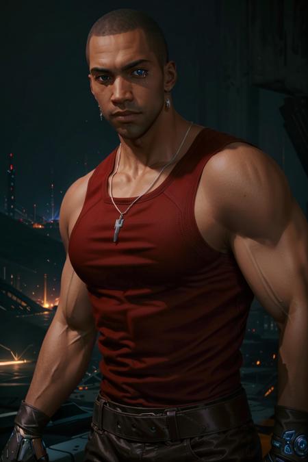 RiverCyber, 1boy, male focus, solo, jewelry, earrings, realistic, bald, tank top, night, dark skin, dark-skinned male, upper body, single mechanical eyes
<lora:epi_noiseoffset2:1>,   <lora:RiverCyber:0.7>