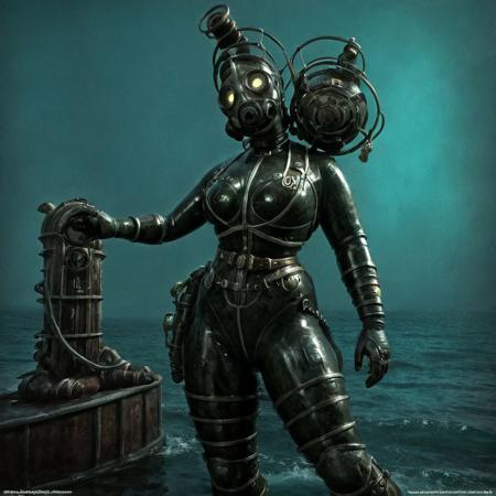 1female,(, lilto, bioshock scuba,bioshockstyle), big daddy bioshock, photorealistic, best quality , 8k, intricate, ultra detailed, nice background, (ziprealism)