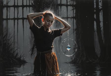 (masterpiece), (best quality), (ultra detail), Charcoal and chalk drawings. Sketch (Hyperrealism). A small boy with a shaved head Tibetan monk and in traditional beige clothes performs magic of the element of water, and around him (((huge drops of water float in the air: 1.4))). The action takes place in a mystical snowy landscape with a serene, magical atmosphere. The boy has a distinctive tattoo on his forehead, and he purposefully controls the water with gestures. The background includes soft, snow-covered forest structures and a cool color palette with blue and white tones. Inspired by a scene from the movie The Last Airbender, painting in the style of Anders Zorn, Alexi Brilo, Luisa Royo