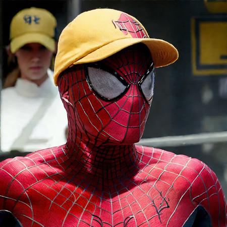 tasm2spdrmn wearing yellow cap  <lora:tasm2spdrmn_v2:0.75>