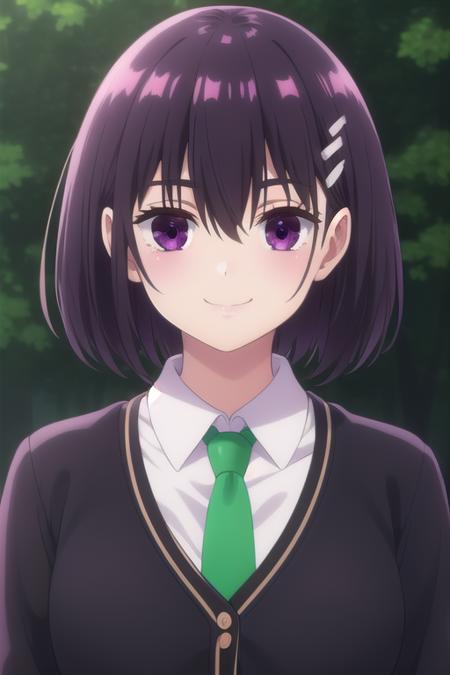 Suzu Kanade short hair,purple hair,bob cut,hair ornament,hairclip,hair between eyes,bangs,purple eyes school uniform,black cardigan,green necktie,collared shirt,white shirt,medium breasts,long sleeves,miniskirt,black skirt,pleated skirt,black socks,loafers