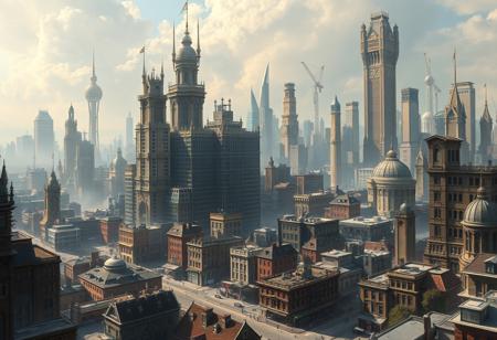 A highly detailed, photorealistic image of an urban fantasy style cityscape