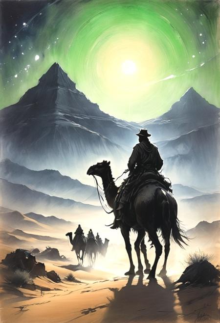 #Pastel, #drawing with dry chalk, #crayons on paper, #hatching with chalk, #drawing with chalk, #tinted paper, #drawing with colored chalk,
Poster, close-up, sketch, fine lines and shading,
a group of camel riding travelers in traditional Arabian garb survey a vast desert at night while an eerie angelic green light pulses in the sky, disembodied, spectral, magnificent yet terrifying
, the scene is captured in dimly lit dark fantasy but vibrant colors, with bold ink lines defining form against the watercolor wash of the aged paper
art by Giovanni Boldini, Andrey Atroshenko, Tanya Shatseva, Ross Tran, Anna Razumovskaya,
style-sylvamagic, Style-Autumn, style-sylvamagic, Style-Autumn, Black and white art, black pencil shading, charcoal drawing, toned paper, pencil drawing, brutal dark b/w color scheme