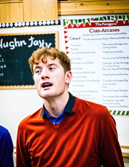 Close-up acaster, 1boy, in classroom, ginger hair, close-up male_focus,plaid  sweater, headshot, looking upwards, singing