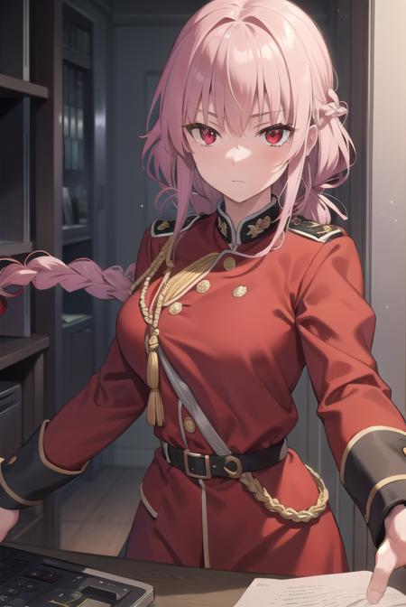 florencenightingale, <lyco:florencenightingale-lyco-nochekaiser:1>,
florence nightingale, pink hair, long hair, (red eyes:1.5), hair braid, sidelocks, folded ponytail, single braid, braid, braided ponytail,
BREAK military, military uniform, uniform, (red uniform:1.5),
BREAK looking at viewer,
BREAK indoors,
BREAK <lyco:GoodHands-beta2:1>, (masterpiece:1.2), best quality, high resolution, unity 8k wallpaper, (illustration:0.8), (beautiful detailed eyes:1.6), extremely detailed face, perfect lighting, extremely detailed CG, (perfect hands, perfect anatomy),