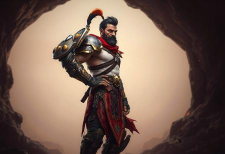 Create a high-resolution, 4K image of a Gauntlet Warrior standing proudly against a stark Jelly Hole background. The warrior, predominantly brown and white with vibrant red and yellow accents, wears a large Infernal Gauntlet in their ready right hand and rests their left hand on their hip. With their head turned to the left, as if gazing into the distance, the warrior exudes dynamism and readiness. The image should feature lifelike details, sharp lines, stunning and harmonious colors, and a captivating lighting setup. Utilize a dynamic action pose and contemporary aesthetics, aiming for a beautiful matte painting with impeccable composition and a well-timed moment. Aim for a joyful impact, powerful message, and beautiful detailed eyes, and consider trends from CGSociety, ArtStation, and Octane Render.
High-res, 4K, Exceptional Quality, More Detail, Lifelike Details, Super Detailed Face and Eyes and Clothes, Handcrafted with Precision, High Quality, Sharp Lines and Brush St