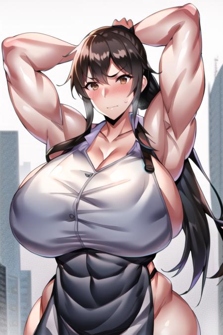 1girl, solo, best quality, ndc-8000, ((lara croft)), milf, brown hair, brown eyes, (portrait), long hair, upper body, apron, cityscape, (closed mouth), ((shy)), blush, ((thick arms)), ((((muscular female)))), thick eyebrows, nude, naked, abs, sweat,