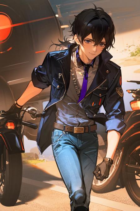 masterpiece, best quality, extremely detailed, detailed background, detailed face, 1boy, male focus, gloves, solo, pants, long hair, shirt, black hair, ground vehicle, jacket, smile, black shirt, belt, motor vehicle, motorcycle, ponytail, necktie, black gloves, feet out of frame, sleeves rolled up, plant, blue necktie, open clothes, blue pants, hair between eyes, closed mouth