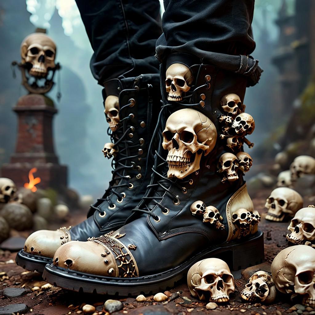 a close up of a pair of shoes with a skull on the sole, killer boots, pile of skulls under his feet, heavy boots, white blouse and gothic boots, highly realistic photography, by Ren Bonian, detailed conceptual photography, combat boots, adorned with demon skulls, photography hyperrealism, profile pic, alexey egorov, hyper realistic detailed render, skulls, a close up of a pair of shoes with a skull on the sole, a photorealistic painting by Ren Bonian, zbrush central contest winner, vanitas, killer boots, pile of skulls under his feet, heavy boots, white blouse and gothic boots, highly realistic photography, detailed conceptual photography, combat boots, adorned with demon skulls, photography hyperrealism, profile pic, Hyperrealism style