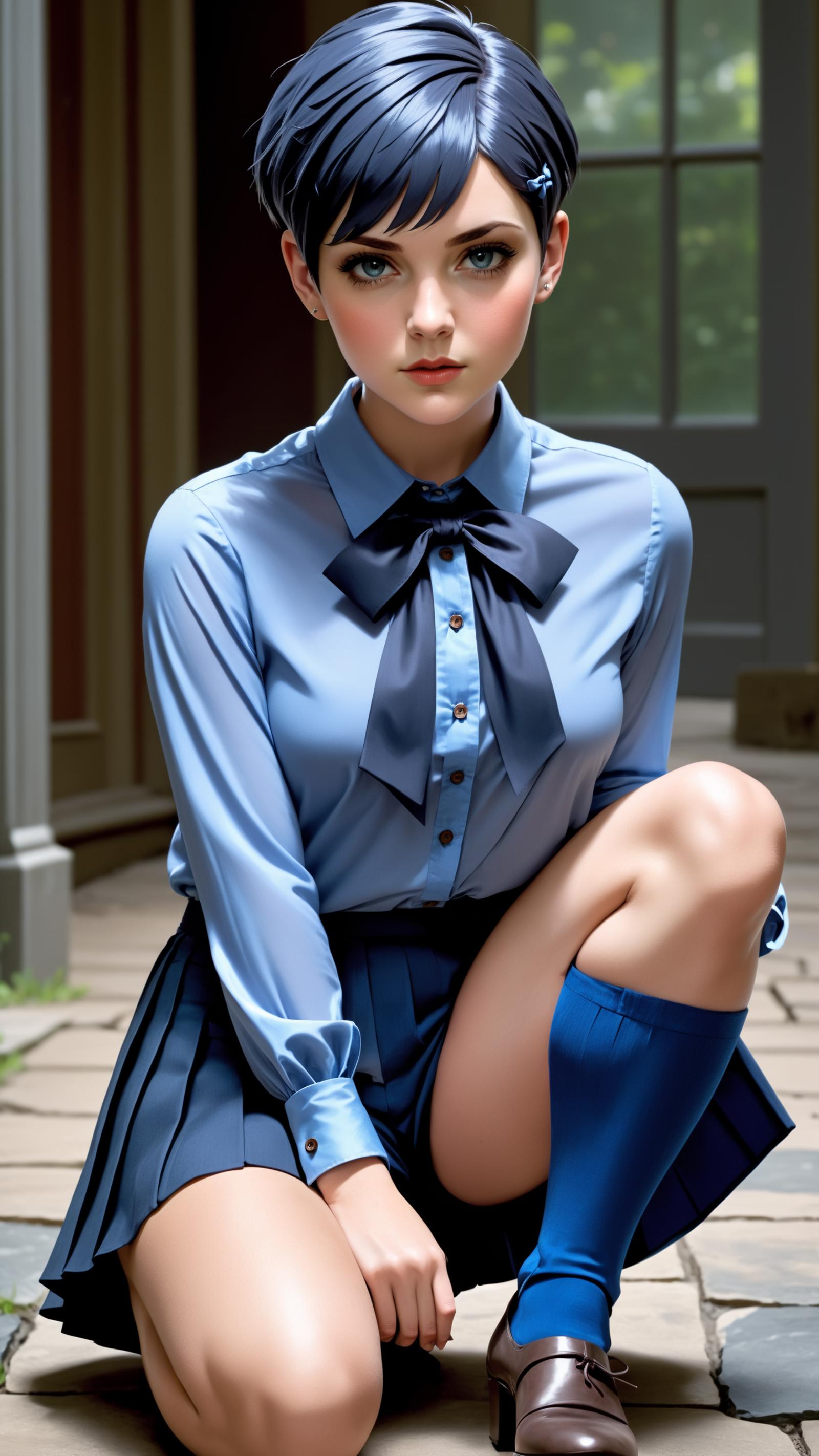 A girl wearing a blue dress and blue socks is sitting on the floor.