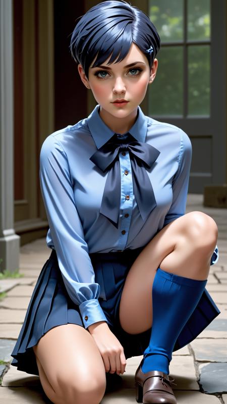 (masterpiece, best quality), 1girl, Slate Short Pixie Cut, Size H breasts, Medium blue Collared button-up blouse with a tied bow detail. and Pleated culottes, kneehighs, Crouching on the ground