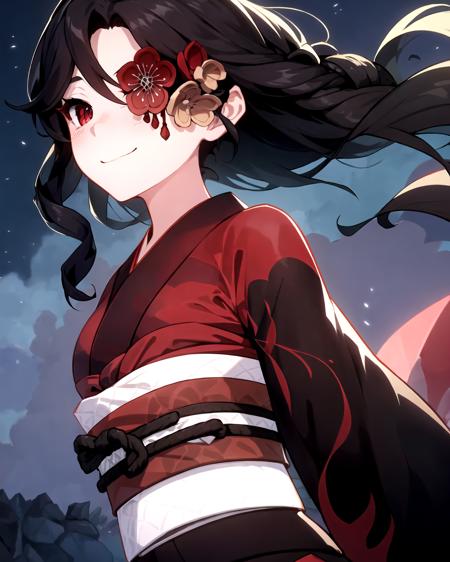 masterpiece, best quality, fullface, arms behind back, blush, smile, kimono, black hair,  red eye, nature,  Hanyuuda_Chizuru, night, <lora:Hanyuuda_Chizuru:0.8>