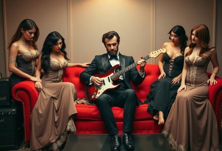 Create an image of Abraham Lincoln playing a Fender Stratocaster electric guitar while sitting on a plush red sofa. The scene is set in a modern room with a mark bass amplifier beside him. Surrounding him are several groupies dressed in 19th-century attire, but with a more sensual twist. The women wear form-fitting Victorian-style dresses with lower necklines and revealing cuts, incorporating lace and corset details. Their poses are alluring, expressing admiration for Lincoln as he plays. The overall vibe should blend the historical elegance of the 19th century with a more seductive, modern interpretation. The lighting is warm, with a spotlight highlighting Lincoln as the central figure.