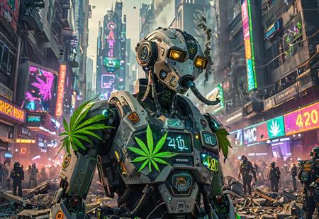 An enormous construction robot sits on some building rubble and blows cannbis smoke from its face. An LCD display on its chest displays a cannabis leaf and the numbers 420. Police look on in consternation. The background is a vibrant and crowded cyberpunk city.  The image has a colorful cyberpunk scifi aesthetic. Award winning photography in the style of National Geographic.