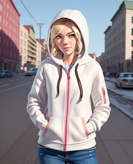 (Gwen Stacy:1.1), ultra-detailed, illustration, high contrast, a woman looking at the viewer, expressive, solo, detailed eyes, hands in pockets, raised eyebrow, (shy smile:0.7), gap teeth, day, (zipper, hood, white hoodie, hood up:1.2), (pink inner hood:0.7), city, sidewalk, winter, detailed background, (waist, jeans, cowboy shot:1.1)