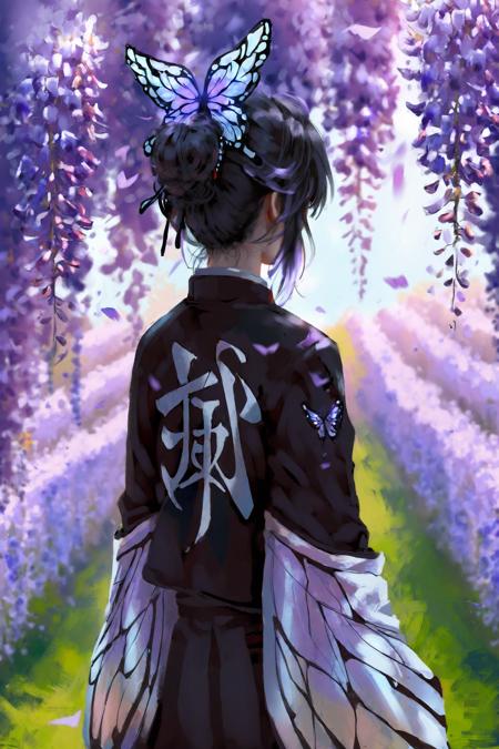 by nixeu, best quality, 1girl, demon slayer uniform, kochou shinobu, solo, impasto, realistic, from behind, upper body, facing away, butterfly hair ornament, black hair, short hair, purple hair, hair ornament, clothes writing, japanese clothes, black jacket, updo, butterfly, wisteria, haori, flower