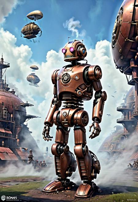 Imagine a world where technology has advanced to the point where it is fused with steam-powered machinery. The people of this world have become known as "steampunks," and they live in a world where the boundaries between the natural and the artificial are blurred. In this world, there are airships that soar through the skies, clockwork automatons that perform tasks with incredible precision, and even robots that can think and feel like humans. But despite their advanced technology, these steampunks still face challenges such as pollution, inequality, and corruption. They must navigate a world where progress often comes at a cost to humanity's natural heritage. Cinematic scene, hero view, action pose, detailed background, masterpiece, best quality, high quality, highres, absurdres, steampunk <lora:steampunk_xl_v1:1>