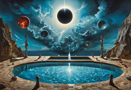 surreal illustration, Dali, masonic secrets, cosmic pool, eclipse, masterpiece, detailed, dramatic lighting, intricate details, high resolution, portrait, trending on artstation, ((surrealism, Salvador Dali, cosmic, pool, eclipse, mysterious, detailed texture, vibrant colors, haunting, otherworldly, surrealist art, (dark, mysterious, intricate composition)), oil painting, detailed brush strokes)