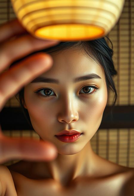 Japanese Minimalist Perfection. Frame a woman against a tatami-mat backdrop using a Fujifilm GFX 100 II and 120mm f/4 Macro. Light with a paper lantern for zero-shadow softness. Settings: f/5.0, ISO 80, 1/100s. Highlight flawless yet real skin—no foundation, only hydrated glow. Magnify the iris texture (hazel flecks, limbal rings) via macro focus. Post-add LUTs mimicking Fuji Pro 400H film for creamy midtones and true-to-life reds in lips.