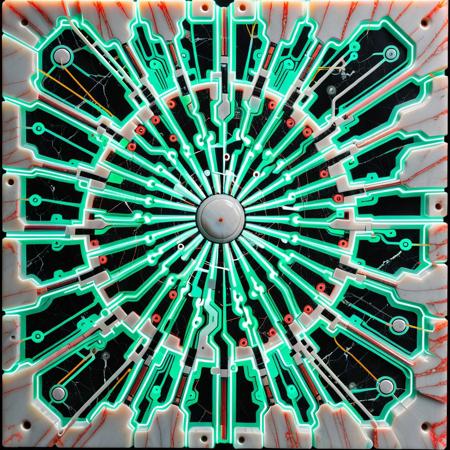 fullscreen of a abstract circuitery and marble gigantic architectural excessivism, complex various shapes and zoning, marble texture work,, neon marble luminescence, narrative, contemporary art on man and matter, liquid marble shape sculptures, hyper-maximalism, motherboard