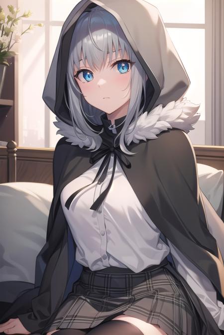 gray, blue eyes, short hair, grey hair, ahoge, black cape, black footwear, black ribbon, black shirt, black thighhighs, cape, grey skirt, hood, hood up, long sleeves, miniskirt, plaid, plaid skirt, pleated skirt, ribbon, shirt, skirt, solo, thighhighs, zettai ryouiki, hair bun, hair ribbon, ribbon, black cape, black footwear, black ribbon, black shirt, black thighhighs, cape, grey skirt, hood, long sleeves, miniskirt, plaid, plaid skirt, pleated skirt, ribbon, shirt, skirt, solo, thighhighs, zettai ryouiki,