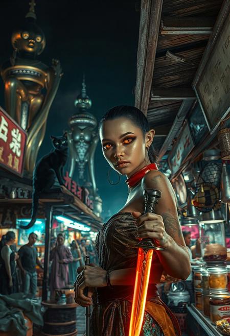 Setting is an extraterrestrial alien street market at night in a city of an extremely advanced extraterrestrial civilization, ((all writing is in an alien script)), ((all lighting is exotic and of an extremely advanced technology.,  the market is comprised of street vendors selling food, exotic technological wonders, and alien EXOTIC sexy clothing made from colorful iridescent fabrics. (((The many alien beings in view have a variety of appearances some are human-like, others are insectoid or feline or canine or reptilian, they are wearing a variety of clothing are walking through the street market shopping and eating))), A black cat with red collar sits on a nearby wooden roof at a market kiosk. Behind the a kiosk counter are containers of exotic goods, (((a beautiful woman with exotic features, 24 years old, is standing in the foreground facing the viewer with a glowing metal dagger in her hand. Her eyes are detailed and have the luminescence of fiery beautiful jewels focused on the viewer, she has an expression of interested curiosity))), the being is dressed in exotic style clothing of a completely exotic aesthetic. Enormous metallic statues and temples are visible in the background and around the scene and smaller statues are prevalent in the market, Epic image that elicits a feeling of wonder and awe, (((many types of aliens are walking around the market))),