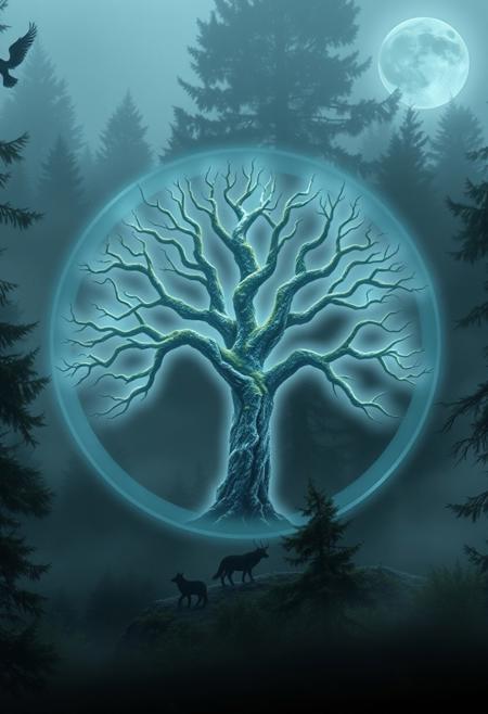 “An ethereal representation of Algiz, the rune of protection and spiritual connection. The Algiz symbol glows with a subtle white-blue aura against a backdrop of misty, dense Nordic forest. The symbol’s branches resemble ancient, weathered trees with mossy textures, glowing faintly to signify the energy of life. Around it, faint silhouettes of animals—wolves, elk, and birds—form a protective ring. The atmosphere is mystical, with hints of fog rolling through, diffusing moonlight that filters down in radiant beams, illuminating the scene. The style merges Norse mythology with a modern fantasy aesthetic, emphasizing themes of resilience, nature, and protection.”