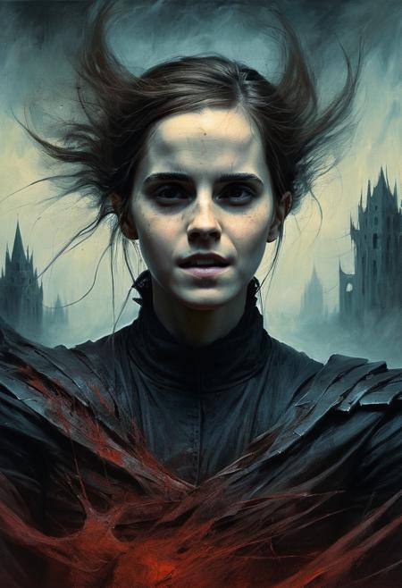medium shot, portrait painting  , dystopian surrealism,  gothic Battle of Realms  nightmare ,nightmarish, facing camera, emma Watson woman,  dynamic pose,  in a "Zdzislaw beksinski" style painting <lora:EmmaWatsonFace2012-2017_resolution2048_v1.0:0.9>