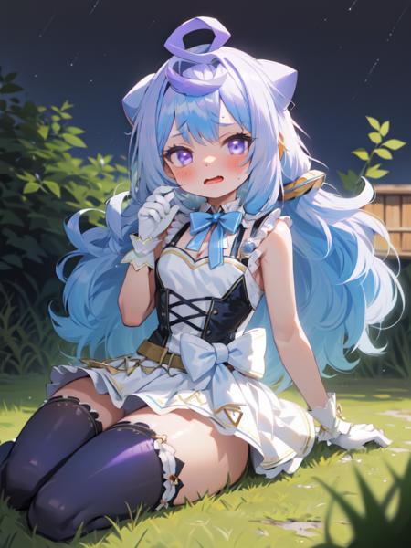 hacka_doll_3,  1girl, short, solo,
blue_hair, long_hair, purple_eyes, 
cute, petite, 
looking_at_viewer, wavy_mouth, 
(hololive_idol_uniform, ) thighhighs, mismatched_legwear, corset,  white_dress, 
park, night_sky, outdoors, garden,