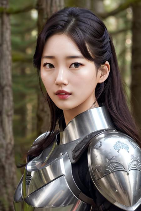 a baesuzy, perfect eyes, (ultra realistic:1.5), (standing in forest:1.2), (close-up photo:1.5), (black paladin armor:1.2), (intricate:1.2), (looking at camera:1.2), (best quality:1.2), <lora:baesuzy-v2-sh:1>