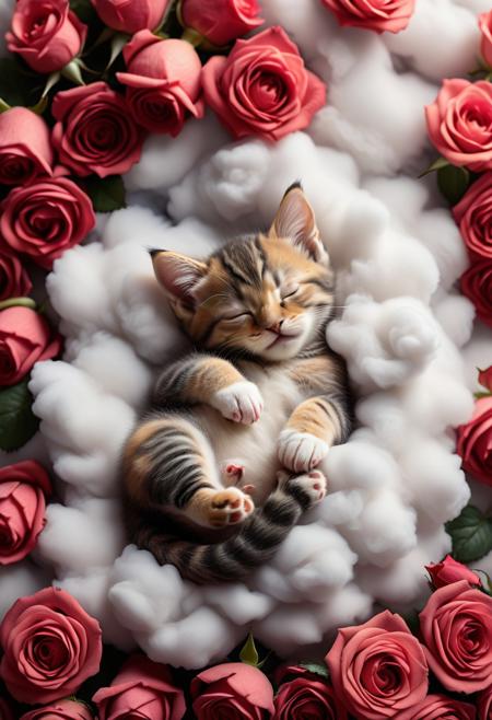 a cute anthro kitten sleeps on a cloud, surrounded by roses, eyes closed, cozy, high quality, an award winning photo for le magazine, poster, rosifex