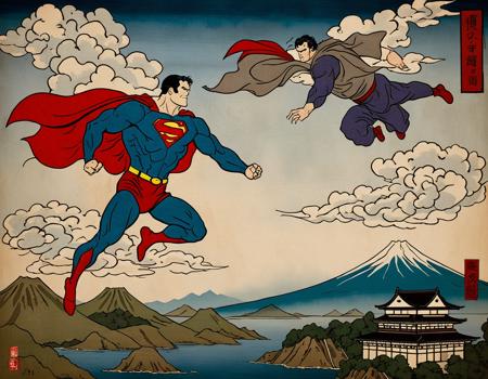 A photorealistic image in the style of a water-ink painting that captures the essence of Japanese Ukiyo-e art. The subject is Superman, depicted in mid-flight against a backdrop of clouds or perhaps Mount Fuji. The paper should have an aged, vintage look to give a sense of historical depth. The color palette should be subdued, with low saturation to mimic the traditional Ukiyo-e style. The lines should be fluid and elegant, capturing the dynamic movement of Superman,<lora:ukiyoe:0.72>