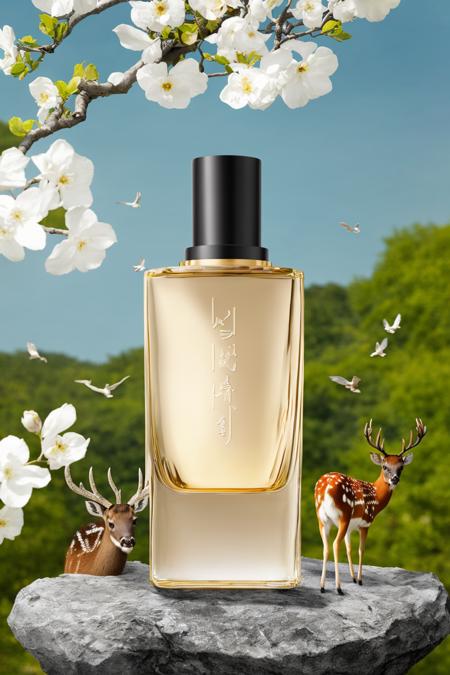 bottle,masterpiece,best quality,sky,<lora:huazhuangpin-v1-000002:0.8>,flower,white_flower,hpflower,mizu,deer,bird,stone,