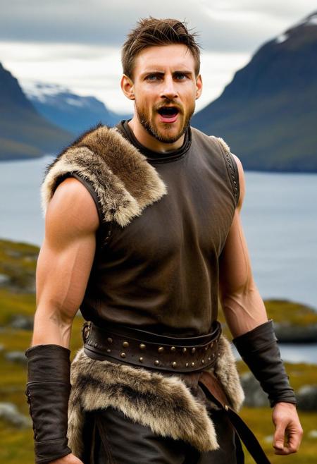 Ultra-detail, (highres:1.1), best quality, (masterpiece:1.3), Lionel Messi a man<lora:shaun-Lionel-Messi:1>, a Viking warrior prince wearing fur and leather armor rags rising above a battlefield, scales, handsome 23yo Norway male model, dynamic posture posing, full-body from above, dramatic angle. hairy body, skinny muscled, perfect biceps, great pecs, thin waist, perfect jawline, strong and powerful, sporty, great detail, satisfaction,