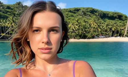 mbb, close-up, on a beach, ((topless)), wet hair, coconut tree, cinematic